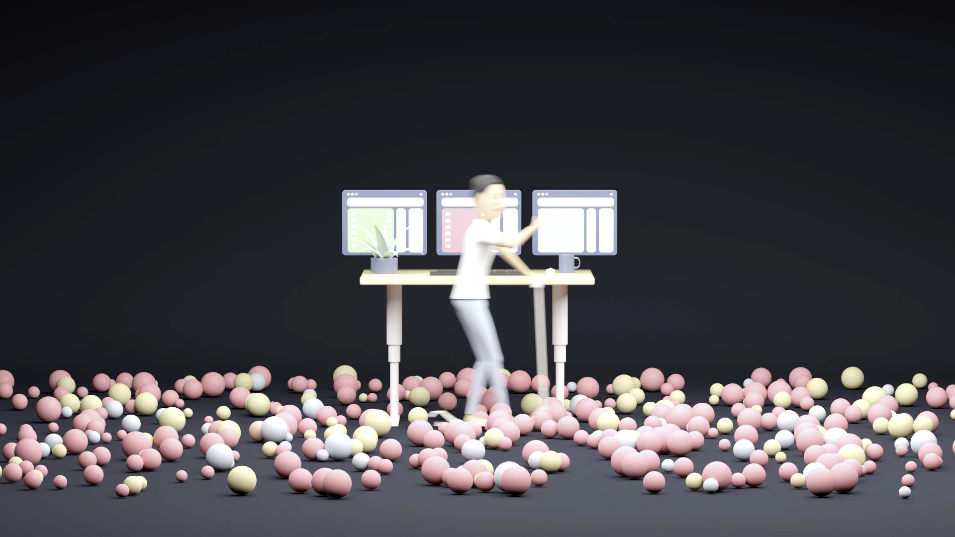 A co-worker enters the workspace represented by a height-adjustable desktop. The co-worker uses an e-scooter. In the room, there are numerous rolling balls representing itesign-developed apps.